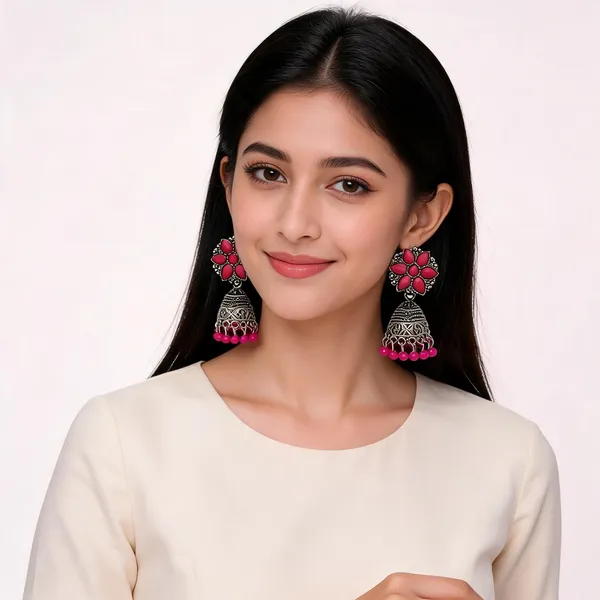 Red_Oxidized_Silver_Toned_Floral_Filigree_Jhumki_Earrings_For_Women