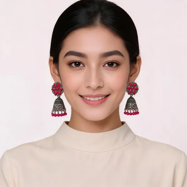 Red_Oxidized_Silver_Toned_Floral_Filigree_Jhumki_Earrings_For_Women