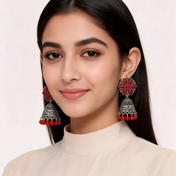 Red_Silver_Oxidised_Floral_Stone_Jhumka_Earrings_For_Women