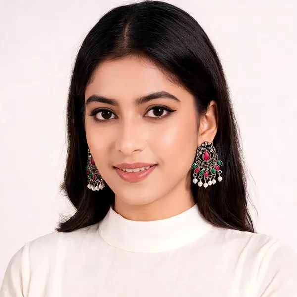 Silver_Oxidised_Pink_Green_Stone_Chandbali_Earrings_For_Women