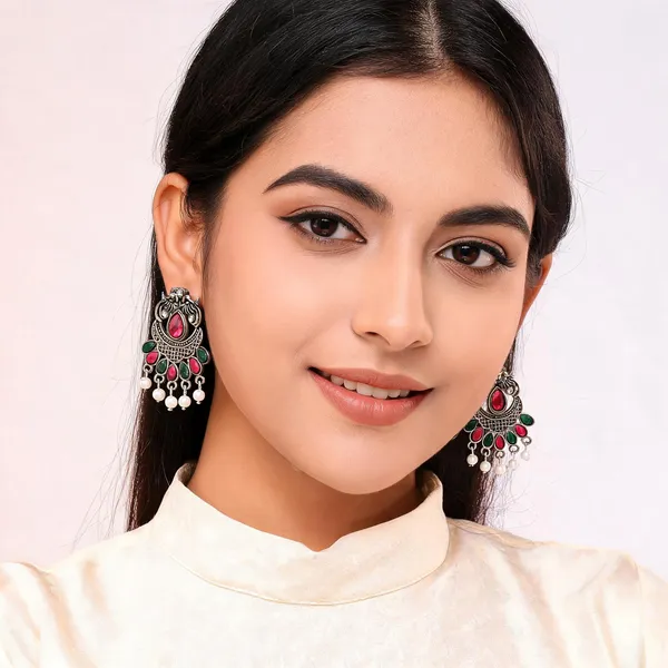 Silver_Oxidised_Pink_Green_Stone_Chandbali_Earrings_For_Women