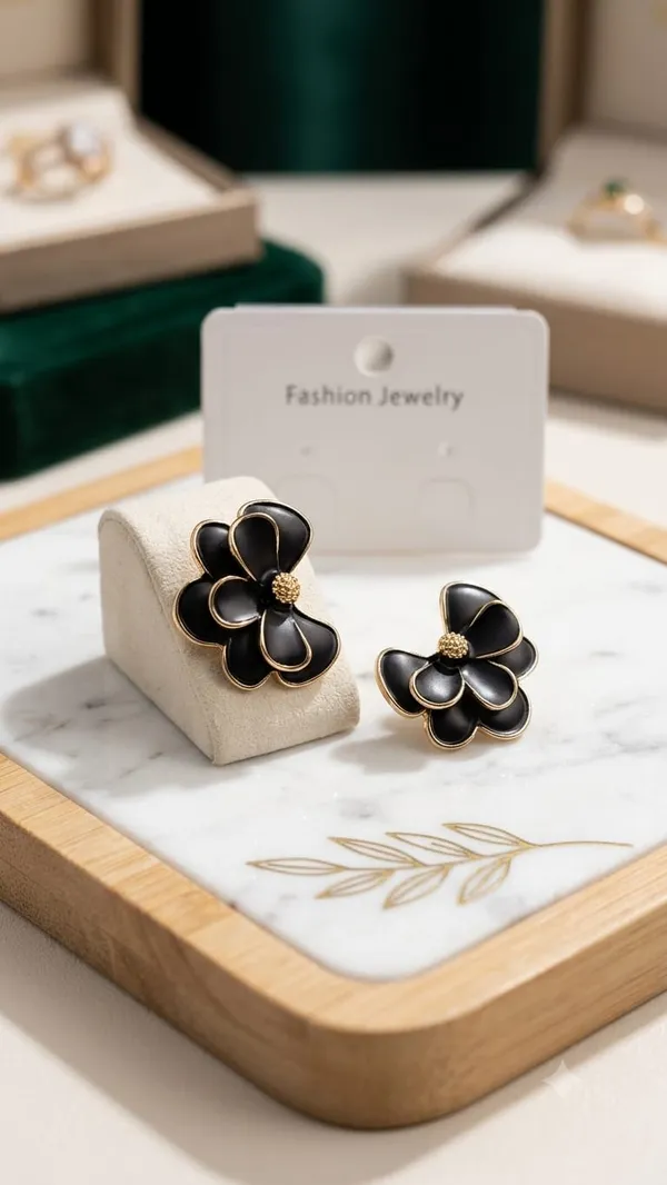 DealAddaa_Black_Half_cut_Floral_Enamel_Stud_Earrings_for_Women_&_Girls_|_Gold_Plated_Flower_Statement_Earrings_|_Lightweight_Party_Wear