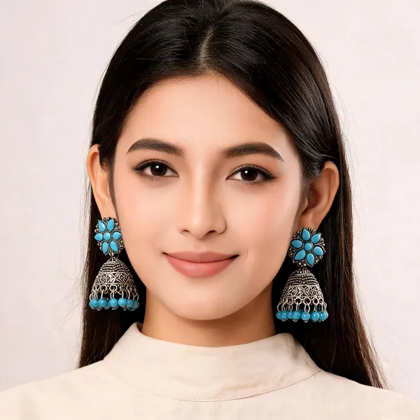 Turquoise_Silver_Oxidised_Floral_Jhumka_Earrings_For_Women