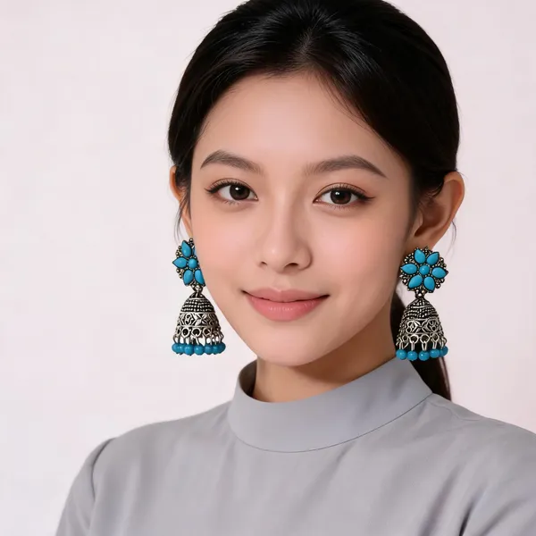 Turquoise_Silver_Oxidised_Floral_Jhumka_Earrings_For_Women