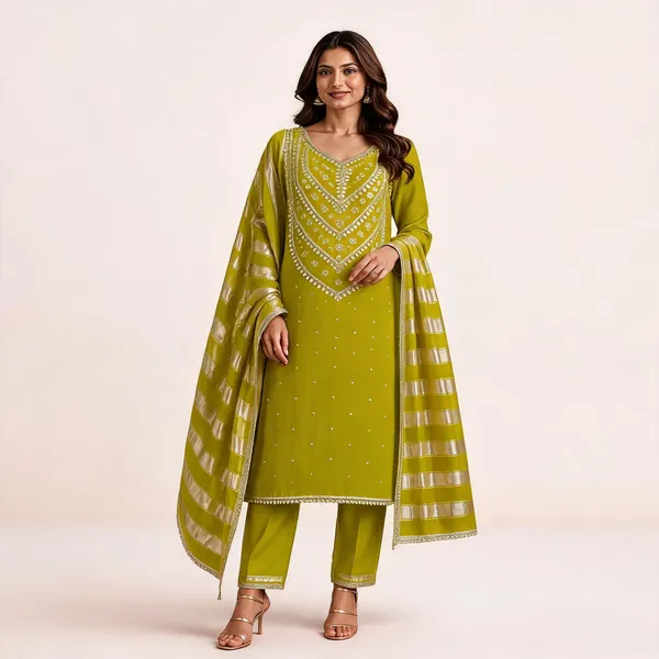 Pure_Silk_Festive_Solid_Olive_Green_Kurta_And_Churidar_Material