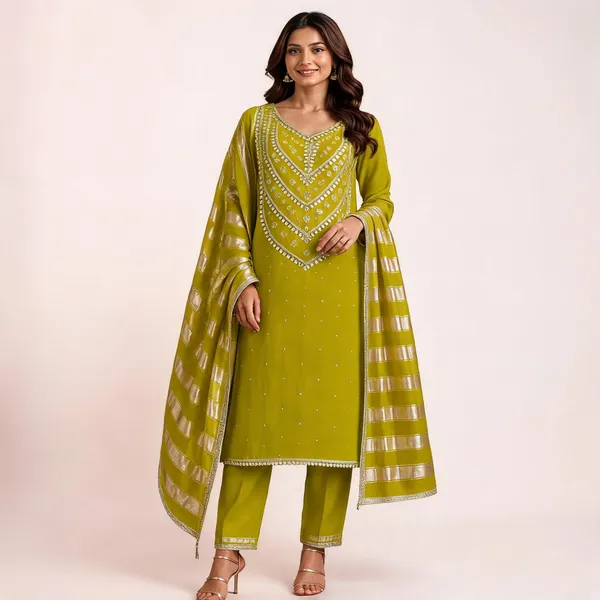 Pure_Silk_Festive_Solid_Olive_Green_Kurta_And_Churidar_Material