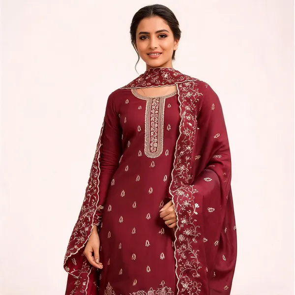 Red_Silk_Chikankari_Embroidered_Unstitched_Suit_Material_For_Women