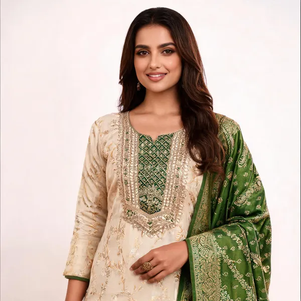 Green_Banarasi_Jacquard_Woven_Unstitched_Suit_Material_For_Women