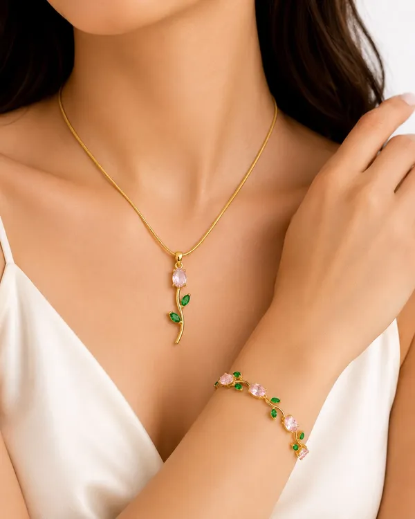 Multicolor_Stainless_Steel_Gold_Plated_18_Carat_Pendant_Bracelet_Set_For_Women