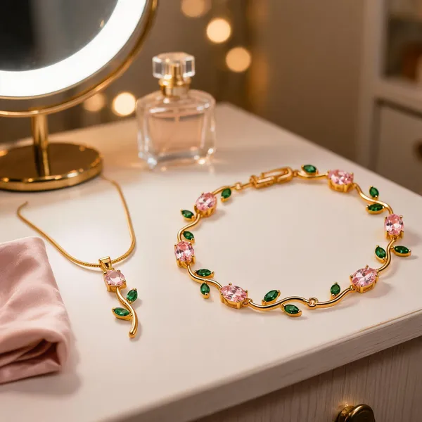 Multicolor_Stainless_Steel_Gold_Plated_18_Carat_Pendant_Bracelet_Set_For_Women