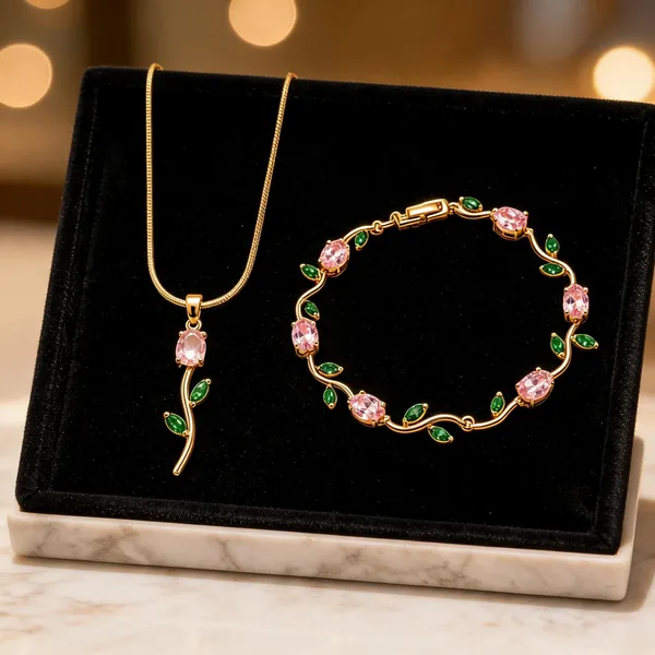 Multicolor_Stainless_Steel_Gold_Plated_18_Carat_Pendant_Bracelet_Set_For_Women