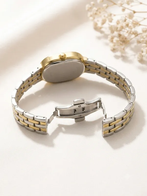 Silver_Stainless_Steel_Gold_Plated_18_Carat_Watch_For_Women
