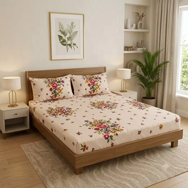 Cream_Cotton_Bedsheet_With_Pillow_Cover_For_Bedroom