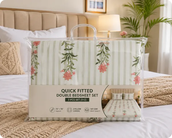White_And_Green_Cotton_Bedsheet_With_Pillow_Cover_For_Bedroom