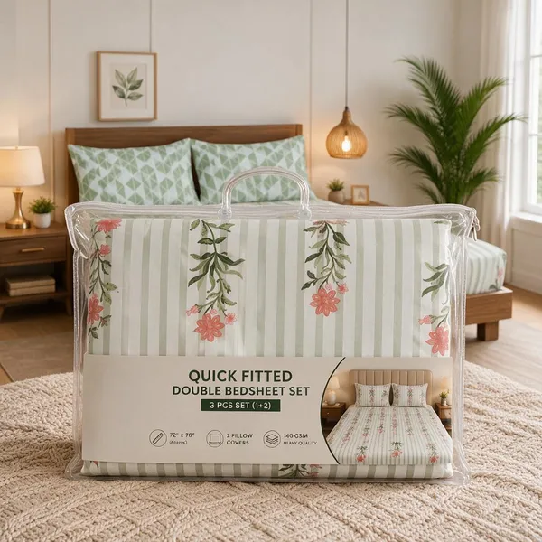 White_And_Green_Cotton_Bedsheet_With_Pillow_Cover_For_Bedroom