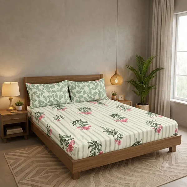 White_And_Green_Cotton_Bedsheet_With_Pillow_Cover_For_Bedroom