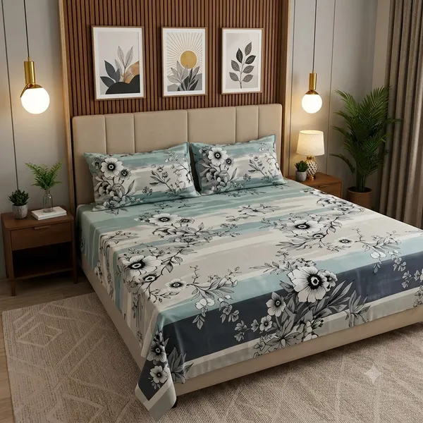 Green_And_Blue_Cotton_Bedsheet_With_Pillow_Cover_For_Bedroom