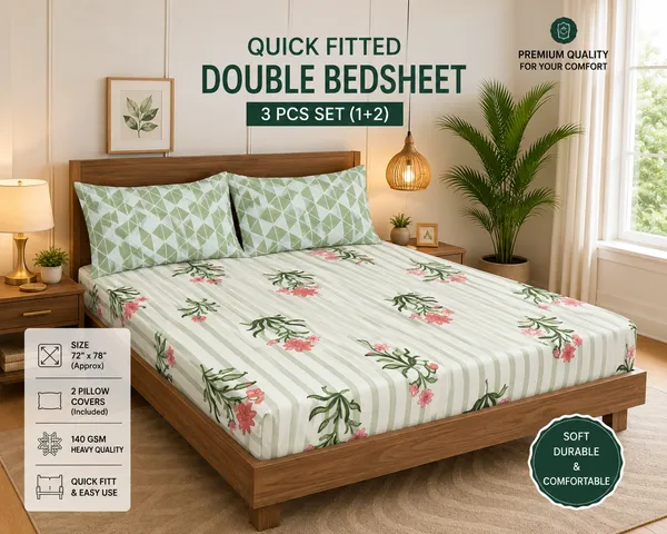 White_And_Green_Cotton_Bedsheet_With_Pillow_Cover_For_Bedroom