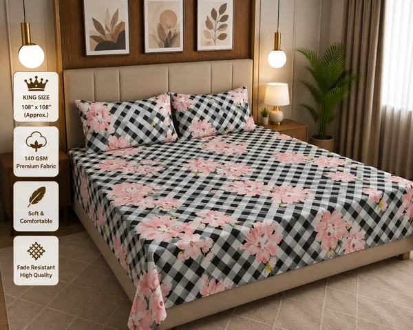 Black_And_Pink_Cotton_Bedsheet_With_Pillow_Cover_For_Bedroom