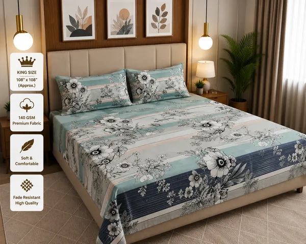 Green_And_Blue_Cotton_Bedsheet_With_Pillow_Cover_For_Bedroom