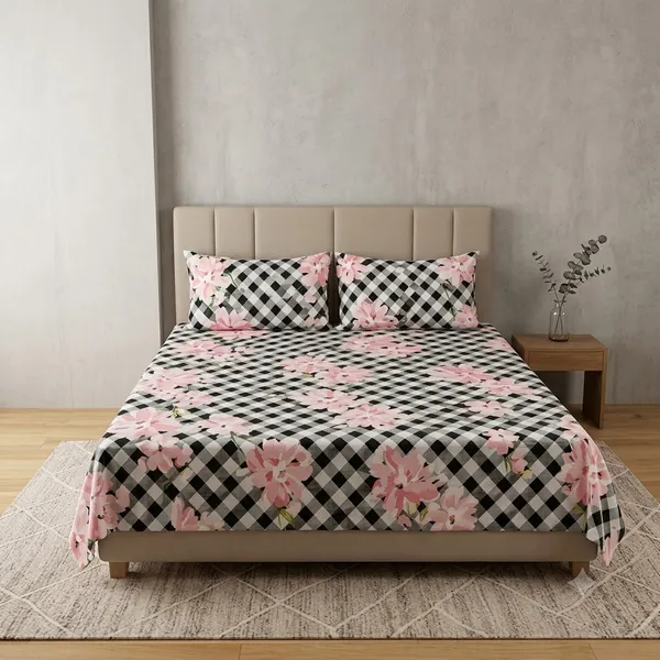 Black_And_Pink_Cotton_Bedsheet_With_Pillow_Cover_For_Bedroom