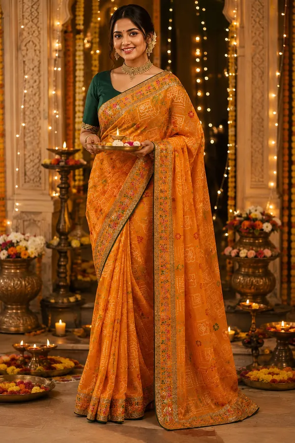 Mustard_Yellow_Bandhnai_Soft_Silk_Saree_with_Blouse