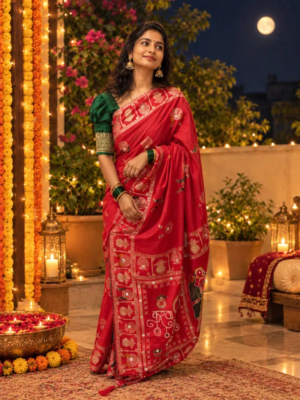 Red_Dola_Silk_Pearl_Work_Karvachauth_Saree