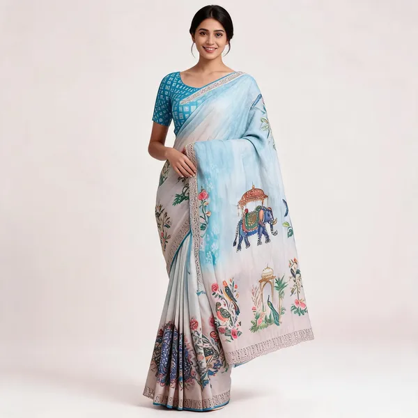 White_and__Blue_BandhaniSatin_Silk__Saree