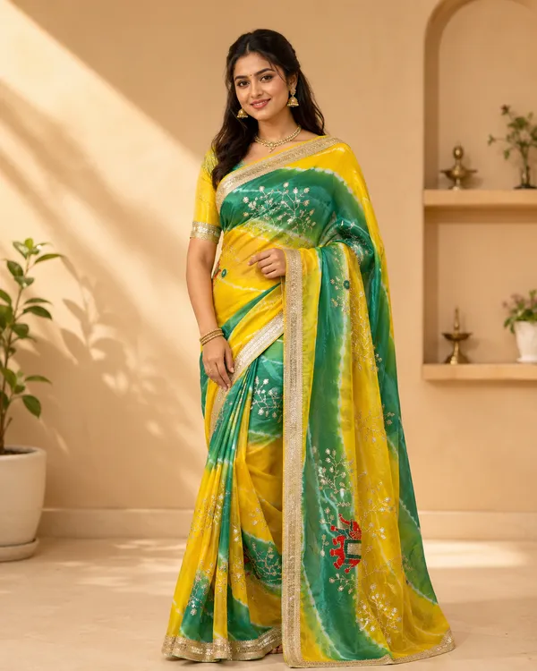 Yellow_And_Green_Chiffon_Lehriya_Saree