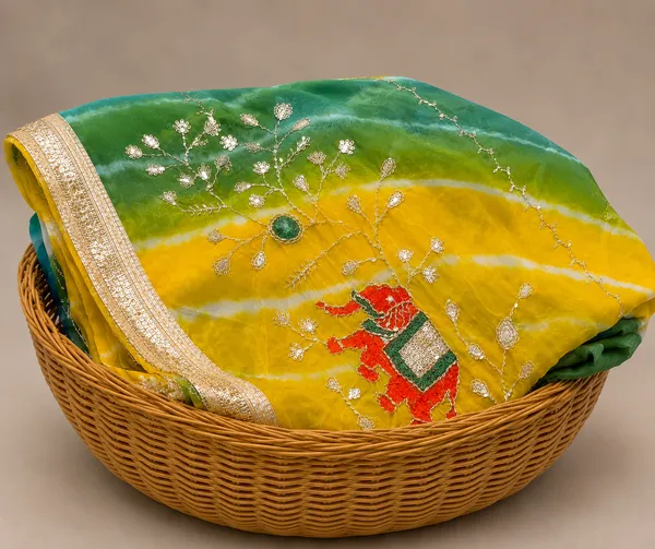 Yellow_And_Green_Chiffon_Lehriya_Saree