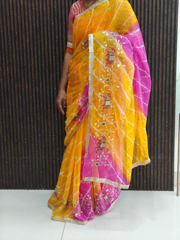 Pink_Yellow_Lehriya_Chiffon_Saree