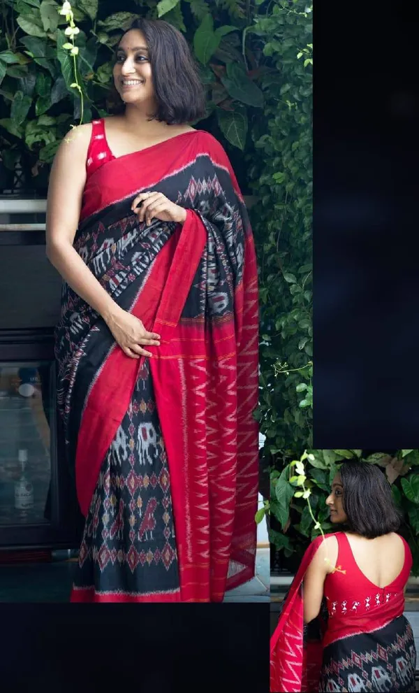 Red_And_Black_Plain_Linen_Saree_For_Women