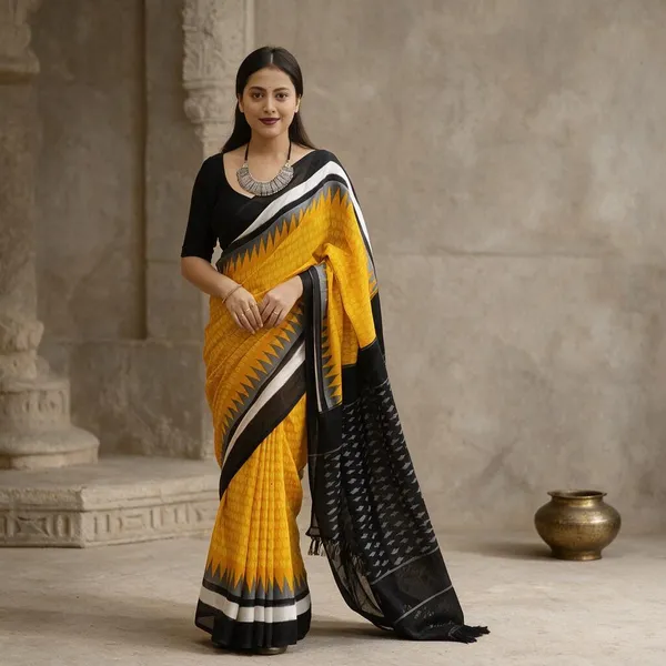 Yellow_Plain_Linen_Saree_For_Women