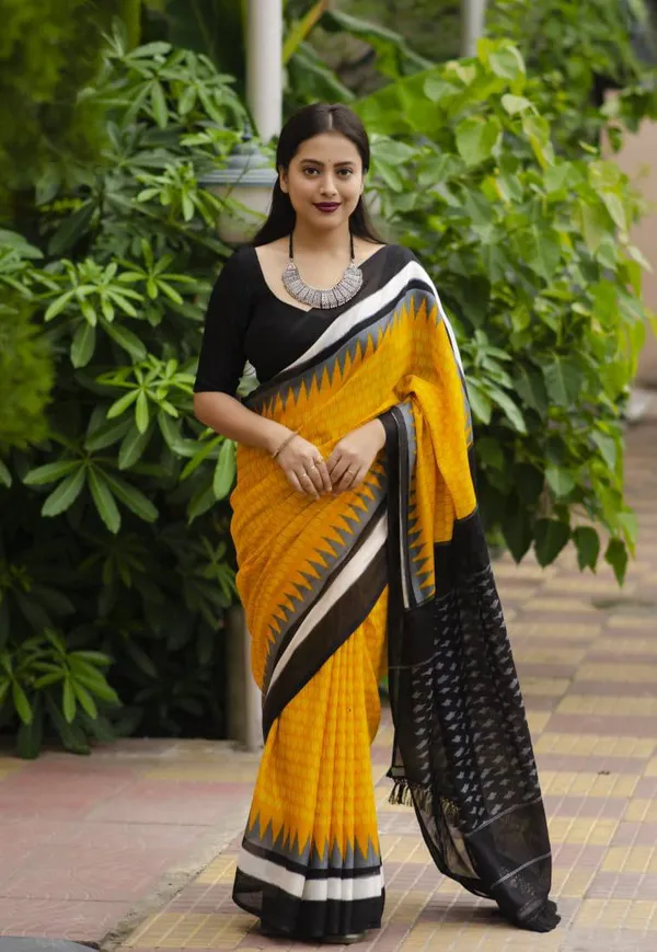 Yellow_Plain_Linen_Saree_For_Women