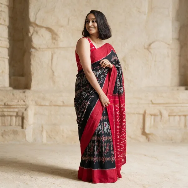 Red_And_Black_Plain_Linen_Saree_For_Women