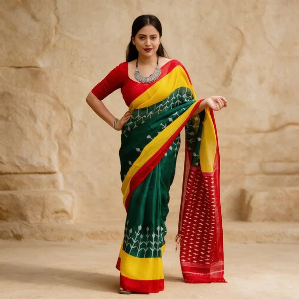 Multicolour_Plain_Linen_Saree_For_Women