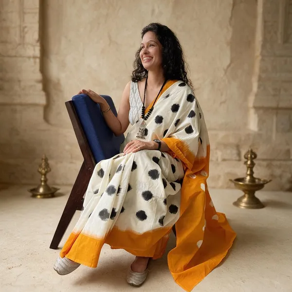 White_And_Orange_Plain_Linen_Saree_For_Women