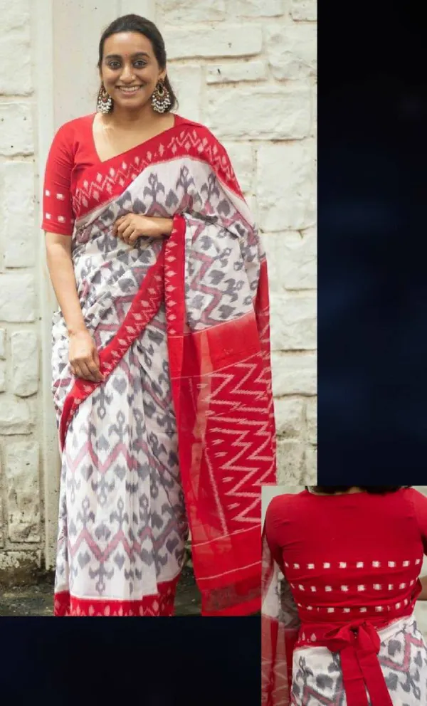 Red_And_White_Plain_Linen_Saree_For_Women