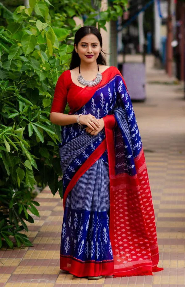 Blue_Plain_Linen_Saree_For_Women