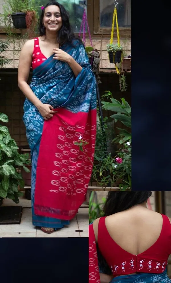 Blue_And_Pink_Plain_Linen_Saree_For_Women