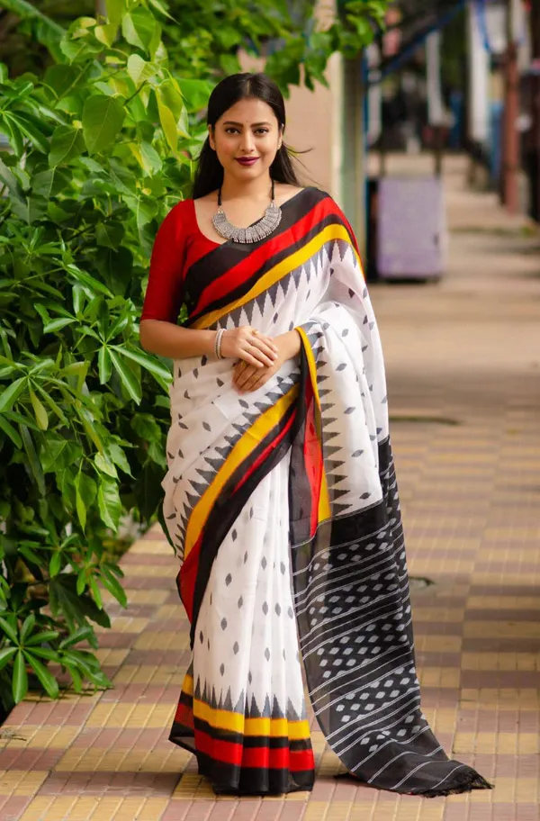 Multicolour_Plain_Linen_Saree_For_Women