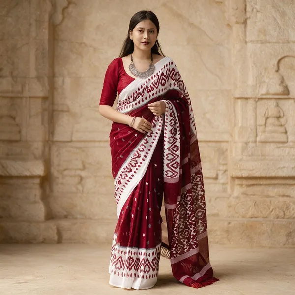 Maroon_Plain_Linen_Saree_For_Women