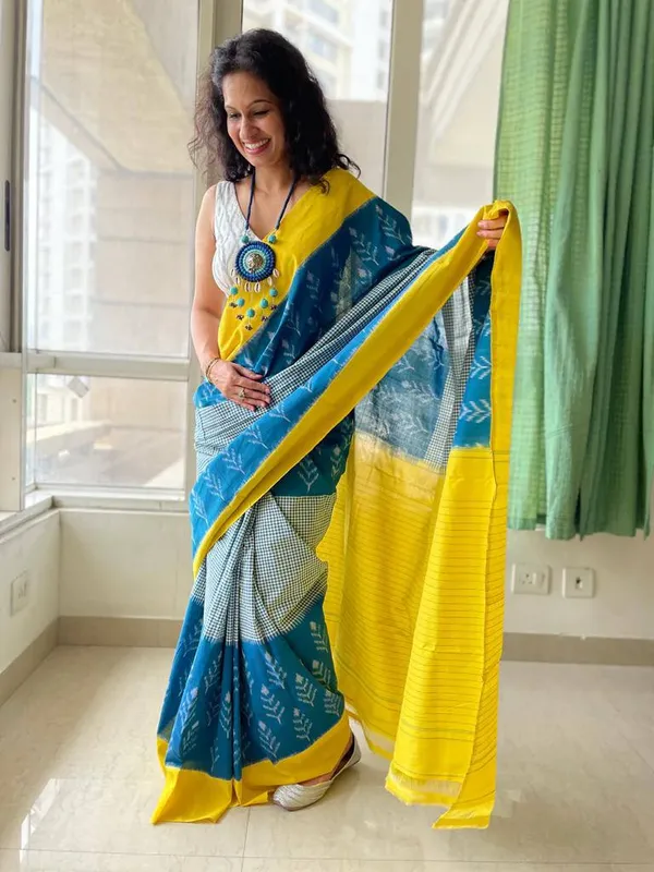 Blue_And_Yellow_Plain_Linen_Saree_For_Women