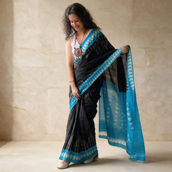 Black_And_Blue_Plain_Linen_Saree_For_Women