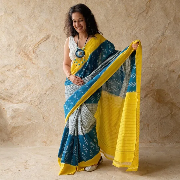Blue_And_Yellow_Plain_Linen_Saree_For_Women