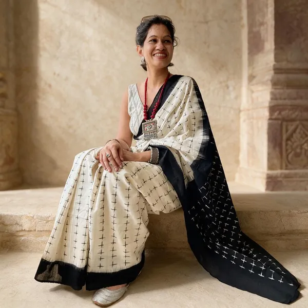 Cream_Plain_Linen_Saree_For_Women