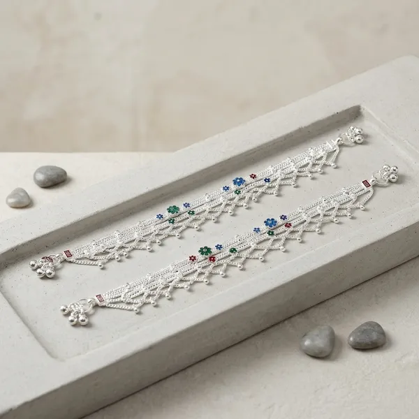 Silver_Metal_Blue_Stone_Lattice_Anklet_Pair_For_Women