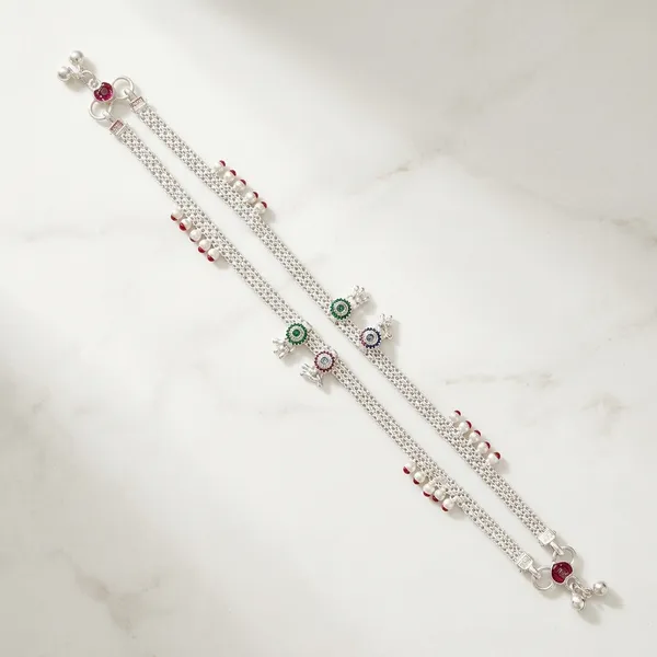 Silver_Tone_Floral_Green_Stone_Embellished_Anklet_Pair_For_Women