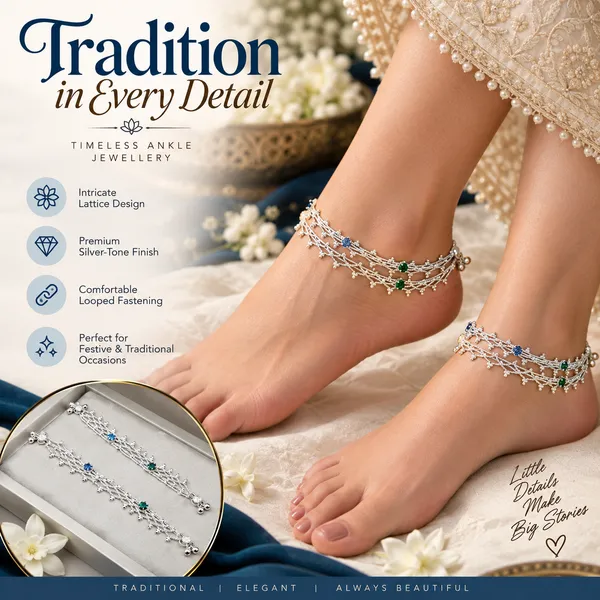 Silver_Blue_Green_Stone_Double_Strand_Anklet_For_Women