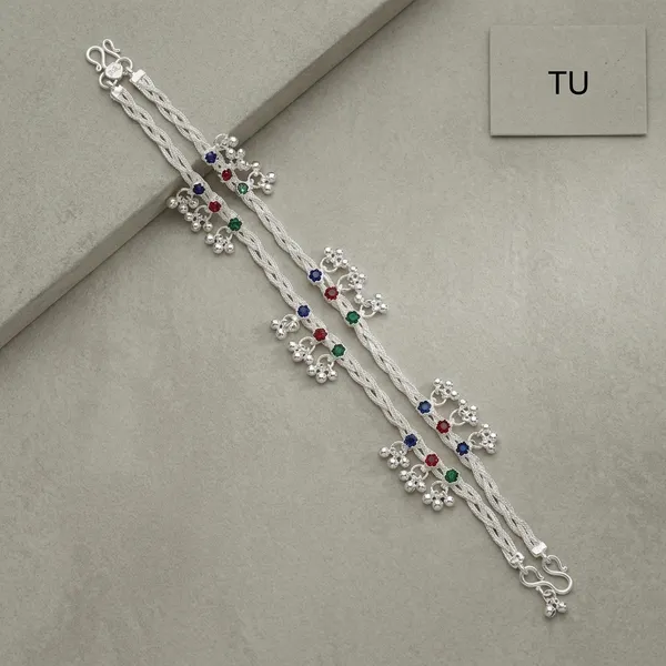 Silver_Multicolour_Stone_Floral_Charm_Anklet_For_Women
